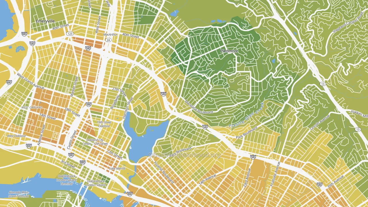 Map of the best neighborhoods in the 94610 area, with better matches in green and worse matches in red