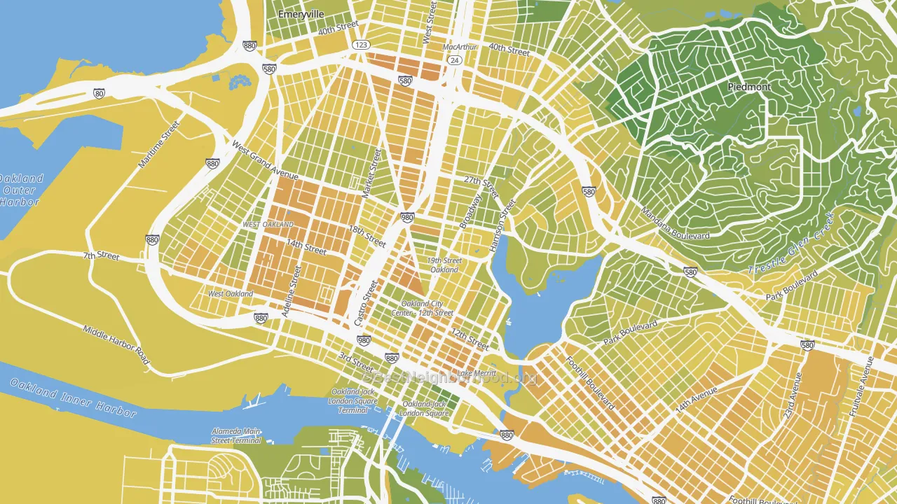 Map of the best neighborhoods in the 94612 area, with better matches in green and worse matches in red