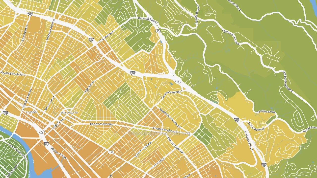 Map of the best neighborhoods in the 94613 area, with better matches in green and worse matches in red