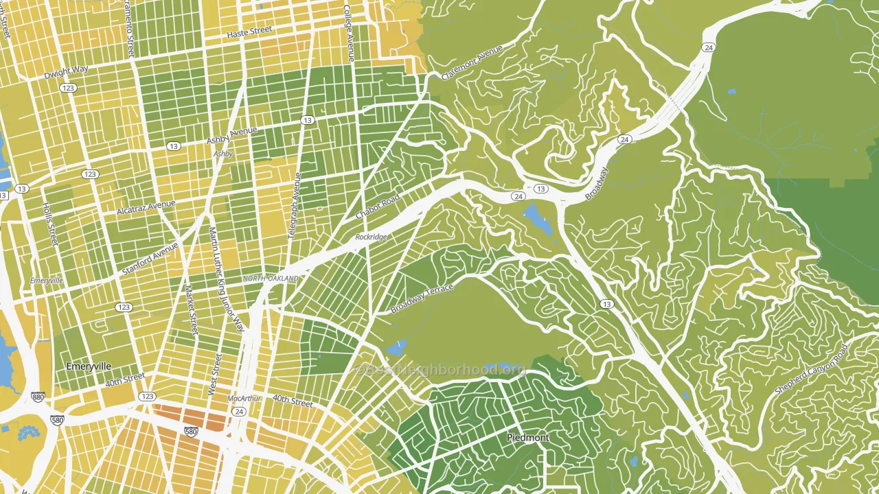 Map of the best neighborhoods in the 94618 area, with better matches in green and worse matches in red