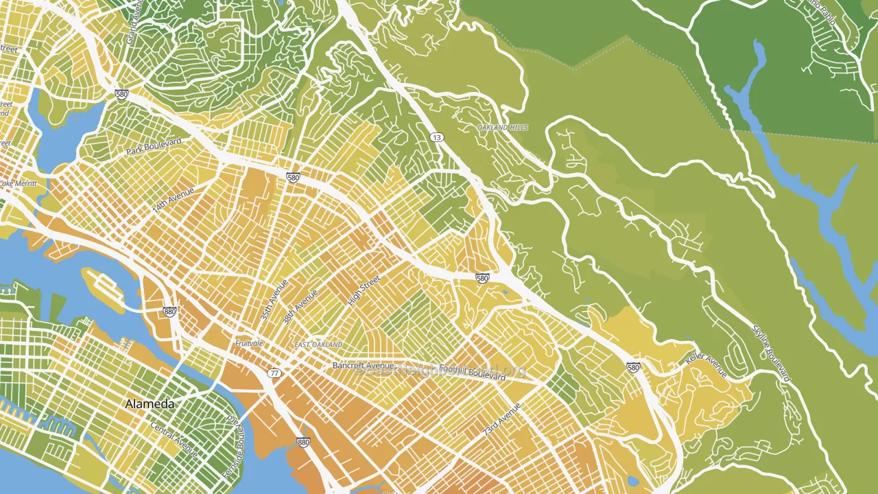 Map of the best neighborhoods in the 94619 area, with better matches in green and worse matches in red