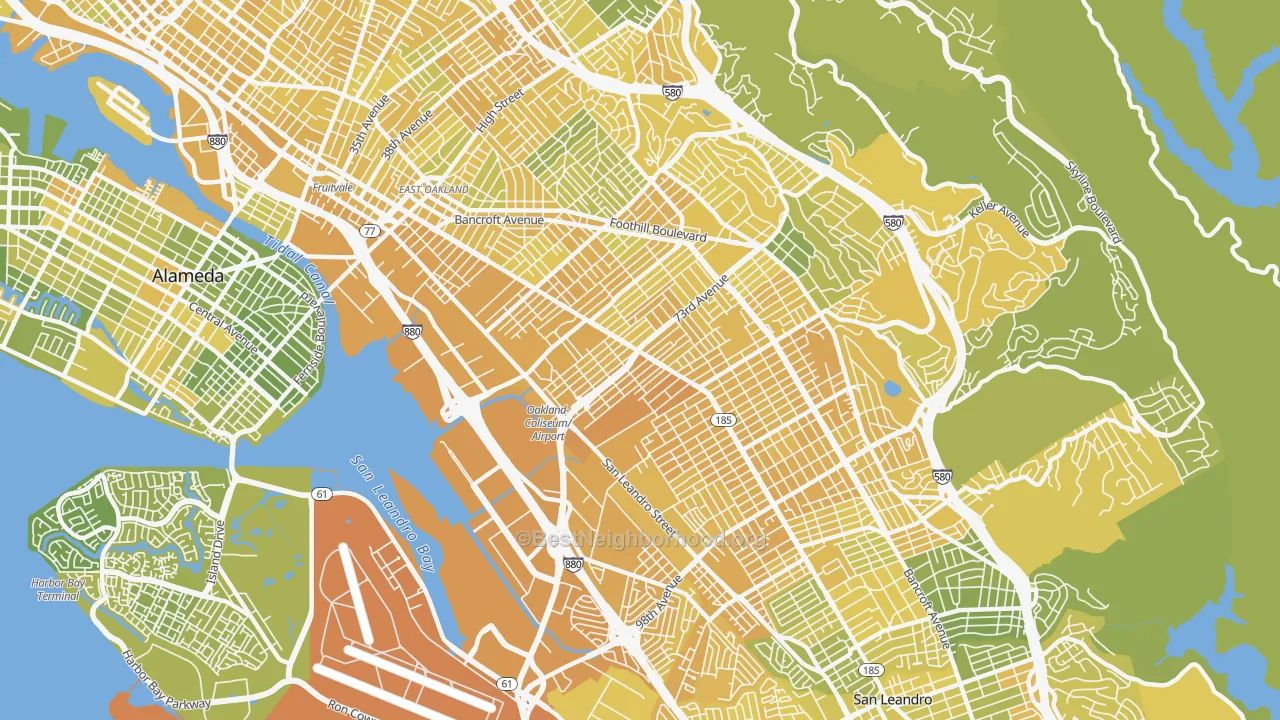 Map of the best neighborhoods in the 94621 area, with better matches in green and worse matches in red
