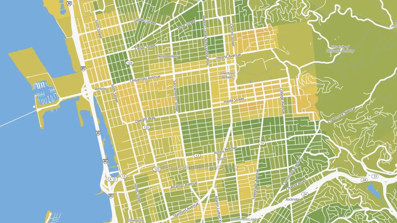 Map of the best neighborhoods in the 94703 area, with better matches in green and worse matches in red