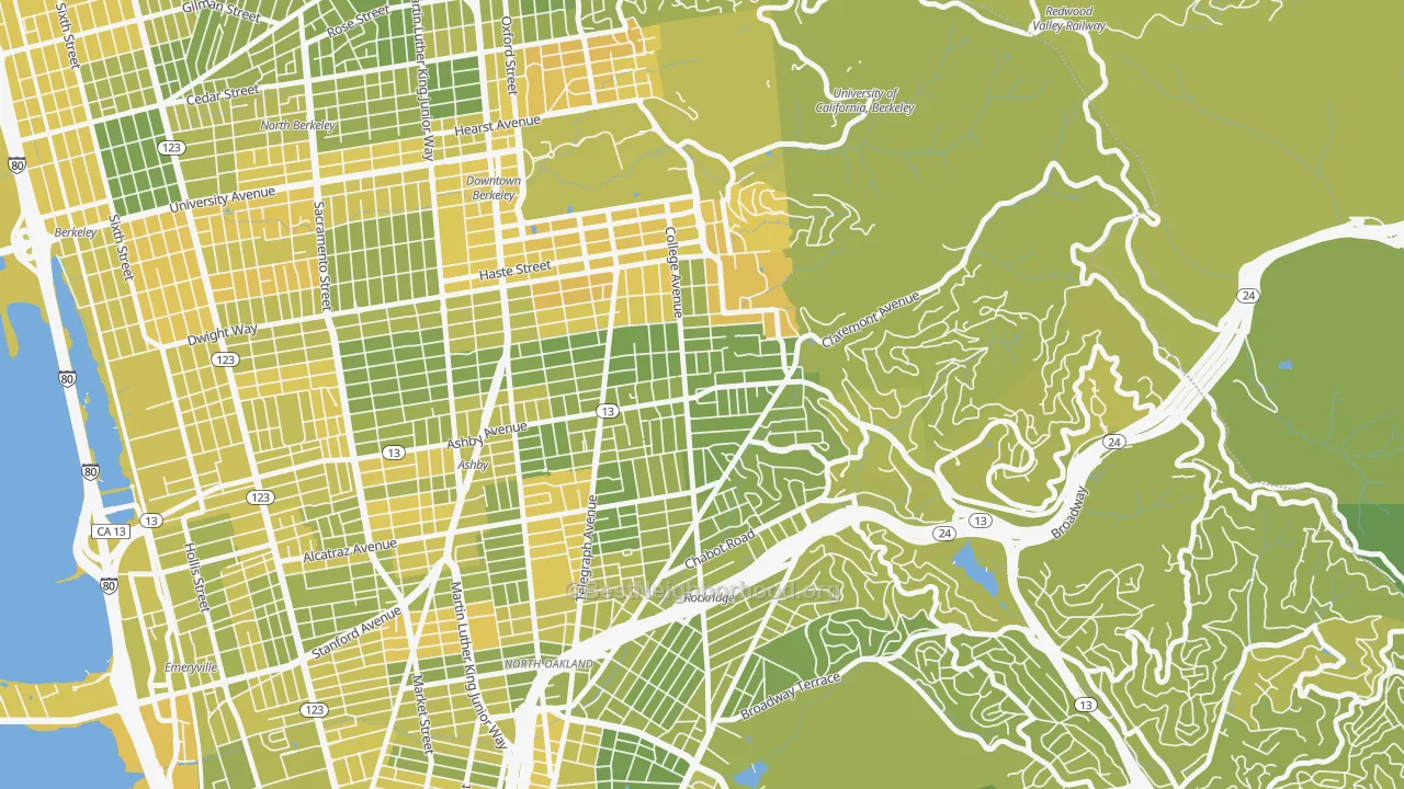 Map of the best neighborhoods in the 94705 area, with better matches in green and worse matches in red