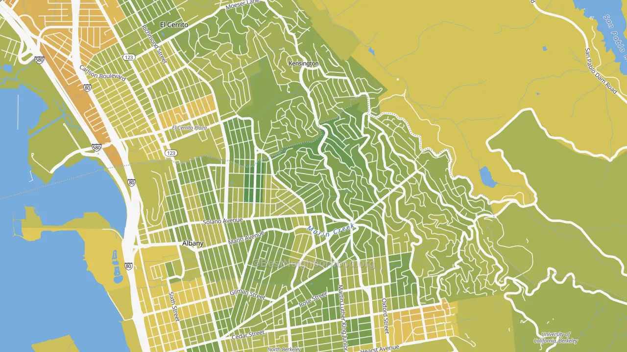 Map of the best neighborhoods in the 94707 area, with better matches in green and worse matches in red