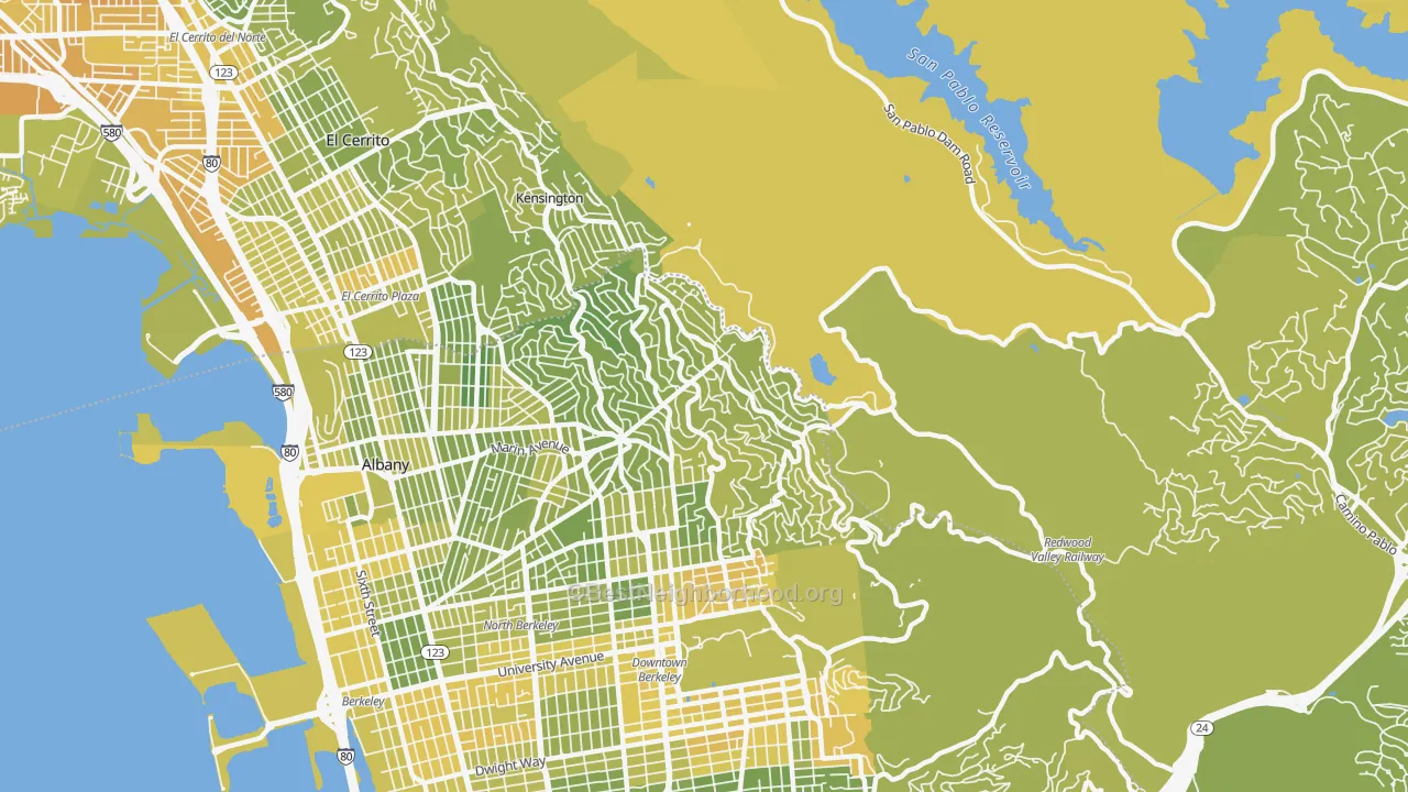 Map of the best neighborhoods in the 94708 area, with better matches in green and worse matches in red
