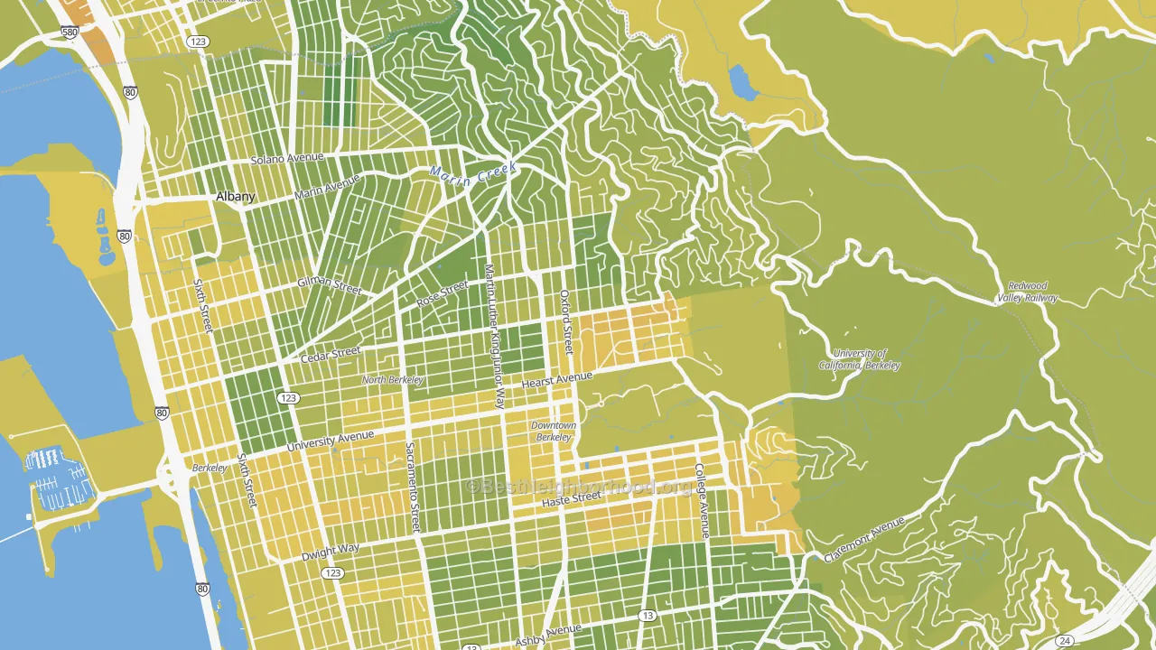 Map of the best neighborhoods in the 94709 area, with better matches in green and worse matches in red