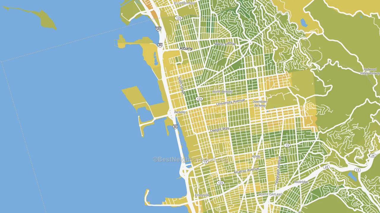 Map of the best neighborhoods in the 94710 area, with better matches in green and worse matches in red