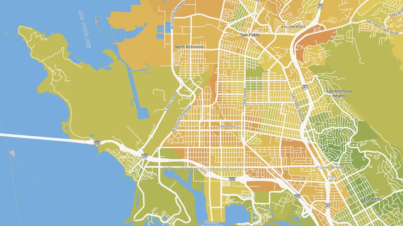 Map of the best neighborhoods in the 94801 area, with better matches in green and worse matches in red