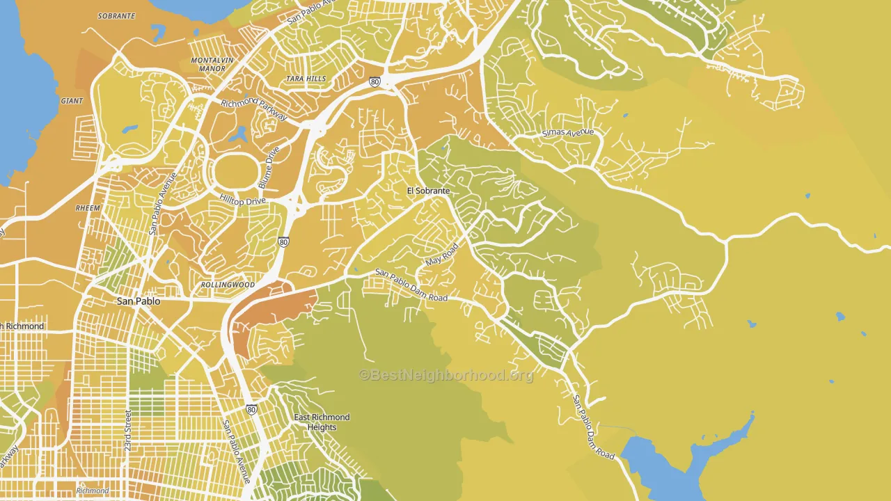 Map of the best neighborhoods in the 94803 area, with better matches in green and worse matches in red