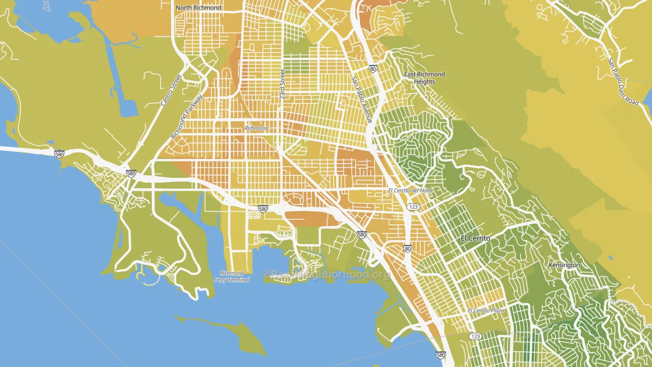 Map of the best neighborhoods in the 94804 area, with better matches in green and worse matches in red