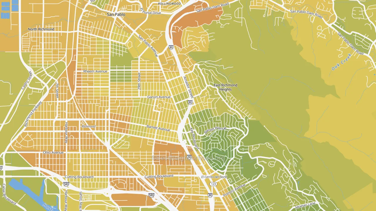 Map of the best neighborhoods in the 94805 area, with better matches in green and worse matches in red
