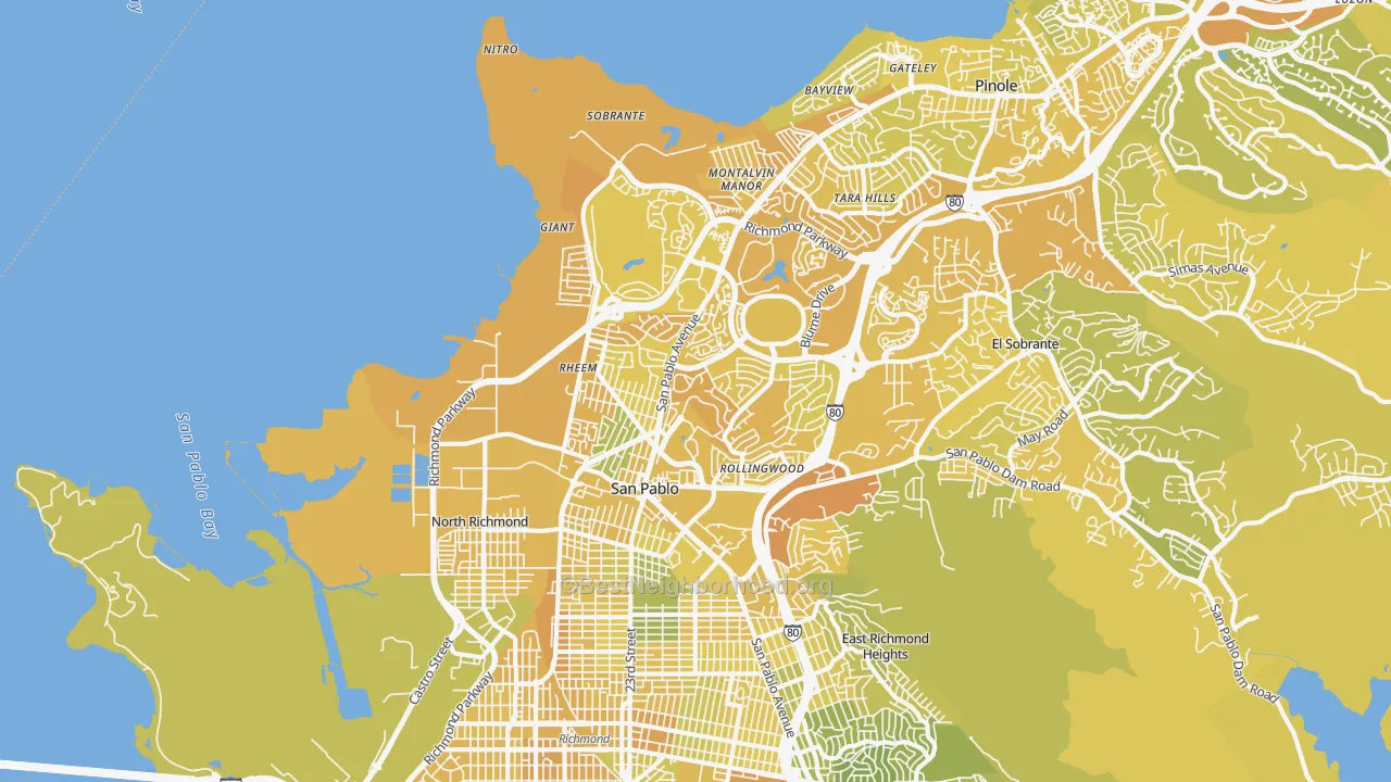 Map of the best neighborhoods in the 94806 area, with better matches in green and worse matches in red