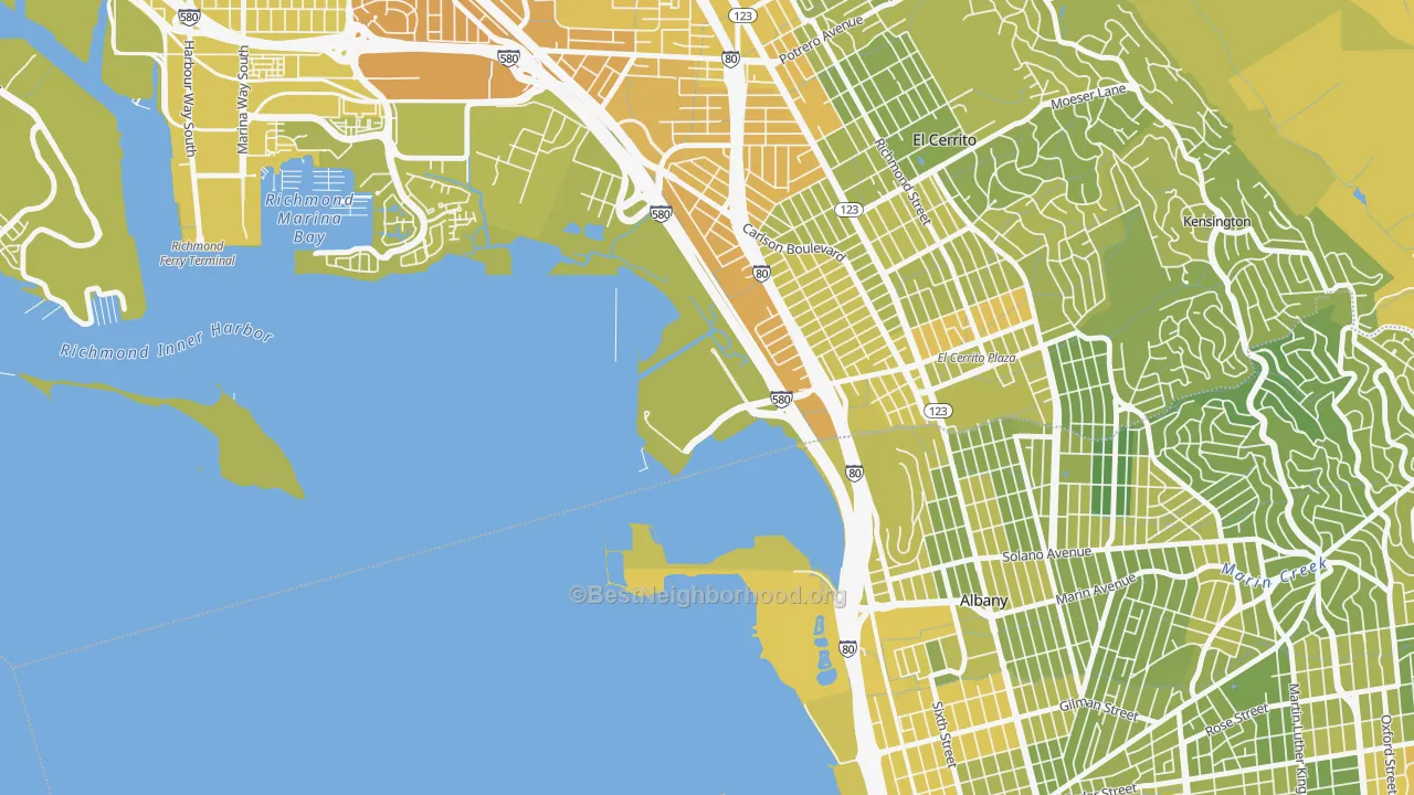 Map of the best neighborhoods in the 94850 area, with better matches in green and worse matches in red
