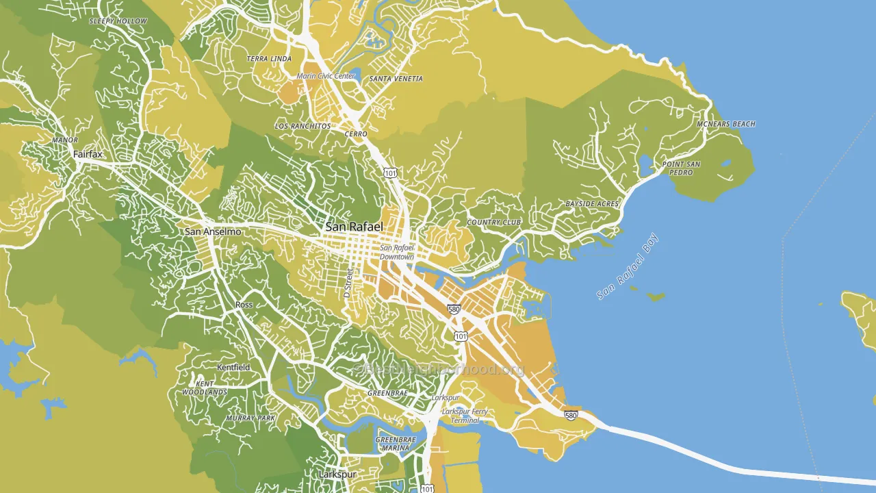 Map of the best neighborhoods in the 94901 area, with better matches in green and worse matches in red