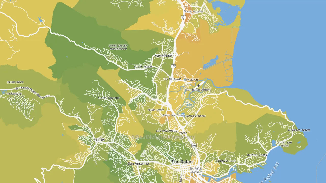 Map of the best neighborhoods in the 94903 area, with better matches in green and worse matches in red