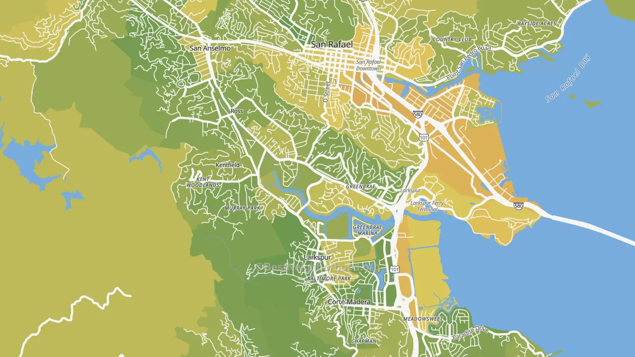 Map of the best neighborhoods in the 94904 area, with better matches in green and worse matches in red