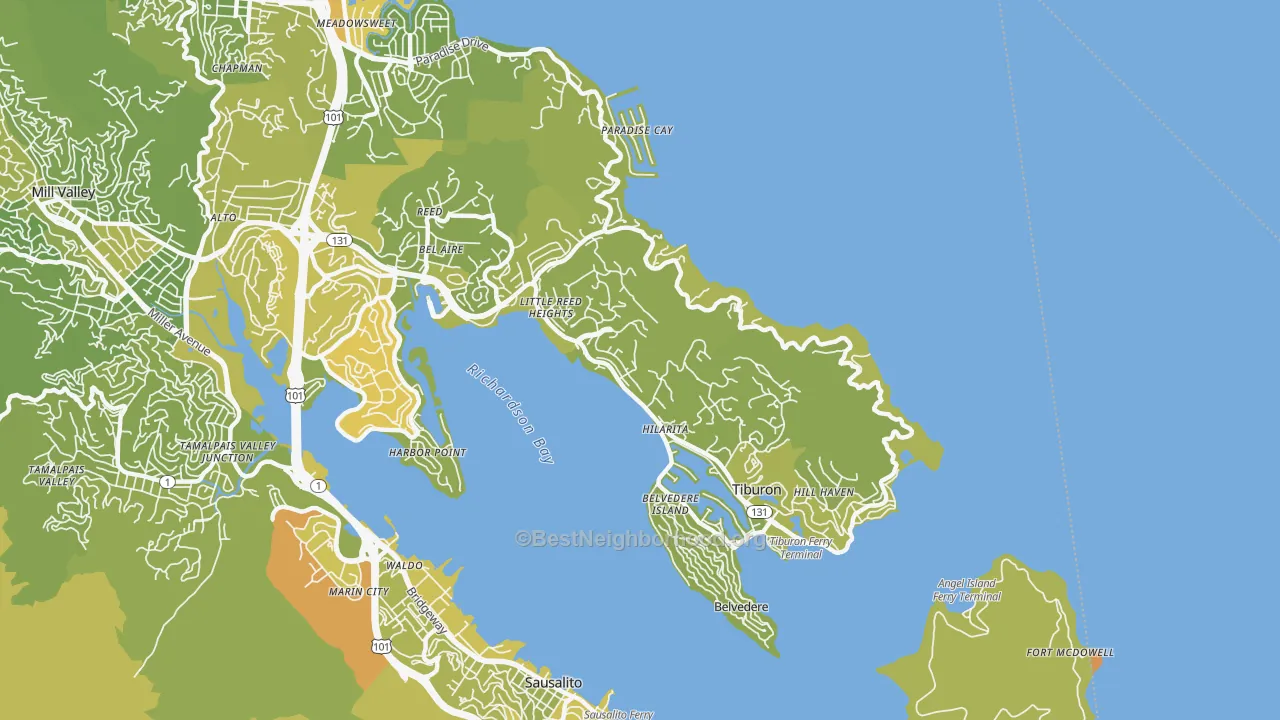 Map of the best neighborhoods in the 94920 area, with better matches in green and worse matches in red