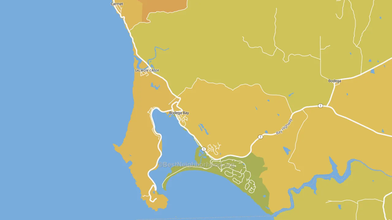 Map of the best neighborhoods in the 94923 area, with better matches in green and worse matches in red
