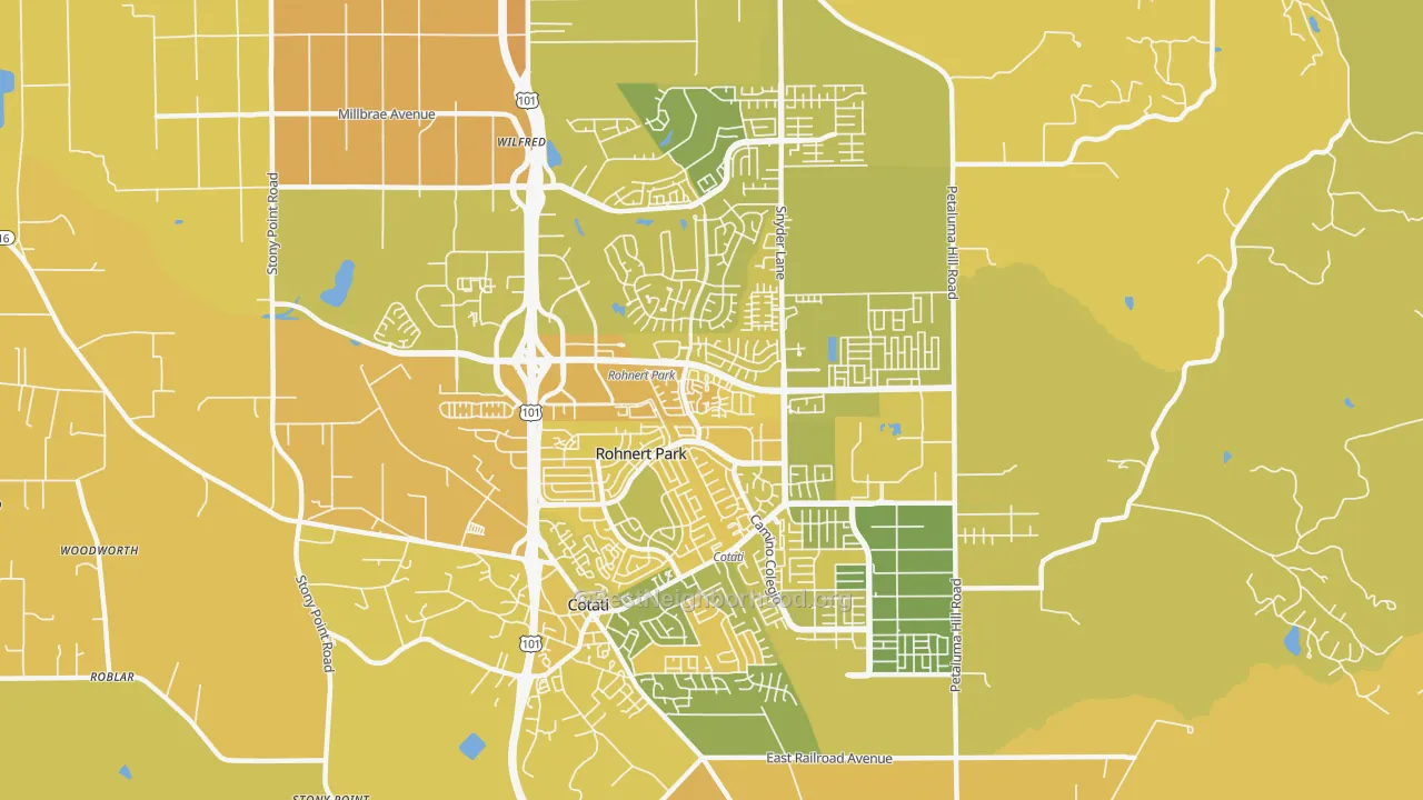Map of the best neighborhoods in the 94928 area, with better matches in green and worse matches in red