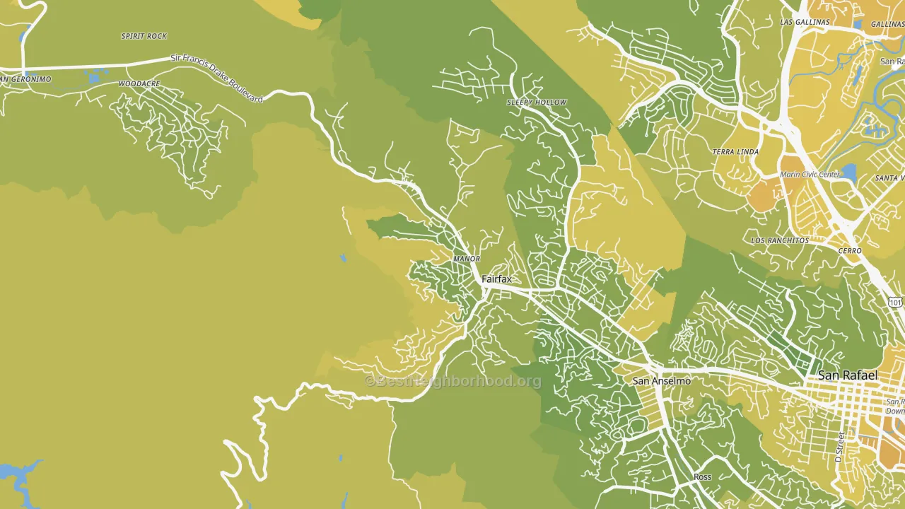 Map of the best neighborhoods in the 94930 area, with better matches in green and worse matches in red