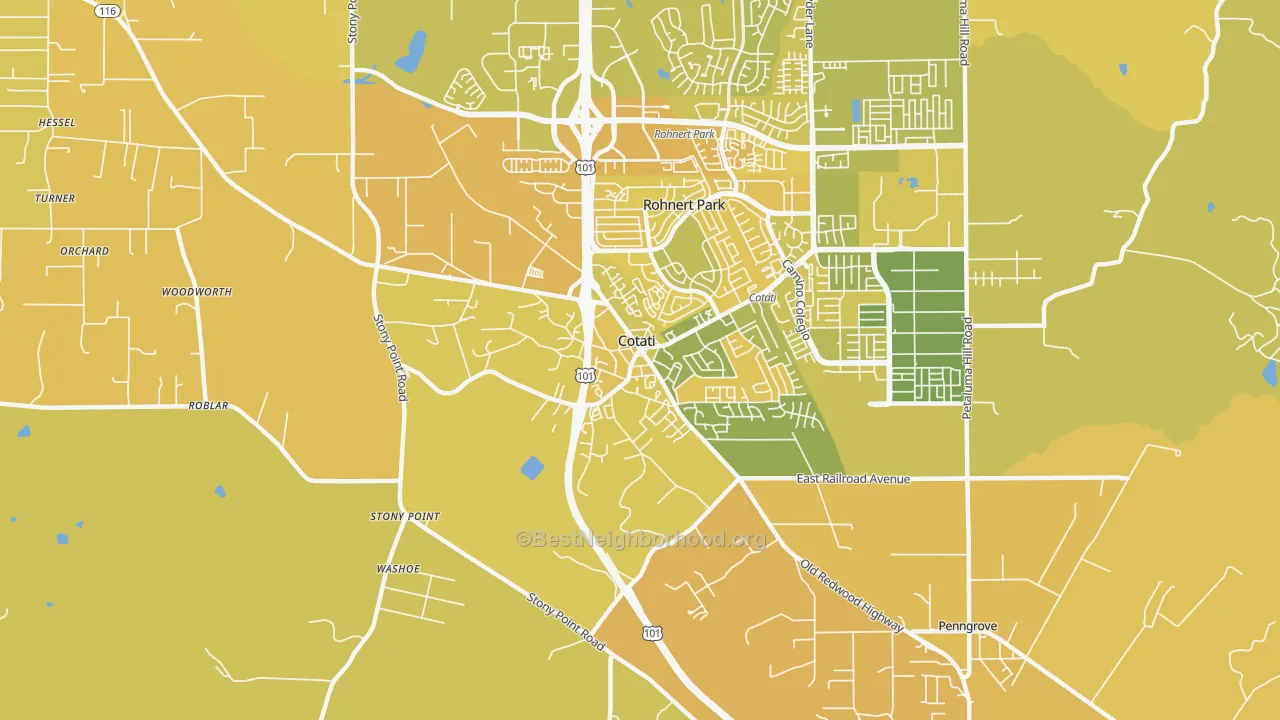 Map of the best neighborhoods in the 94931 area, with better matches in green and worse matches in red