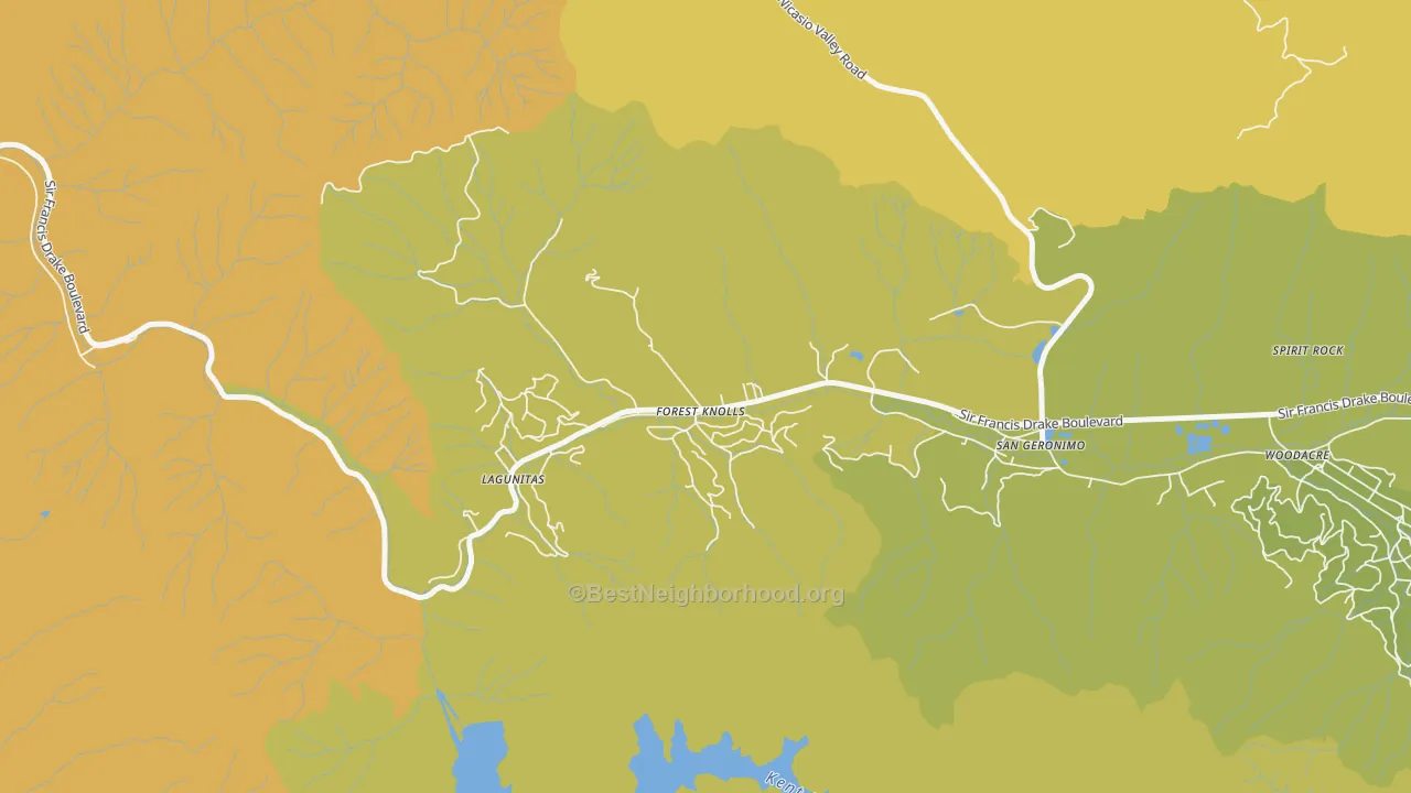 Map of the best neighborhoods in the 94933 area, with better matches in green and worse matches in red