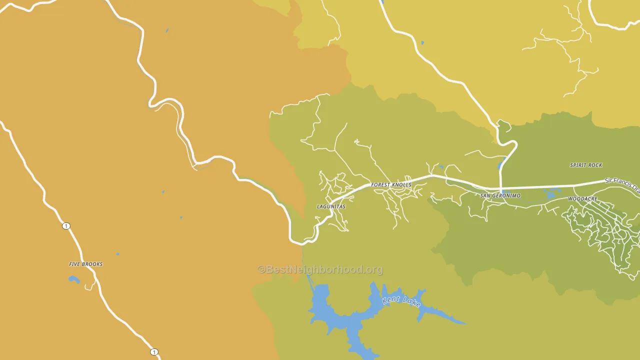 Map of the best neighborhoods in the 94938 area, with better matches in green and worse matches in red