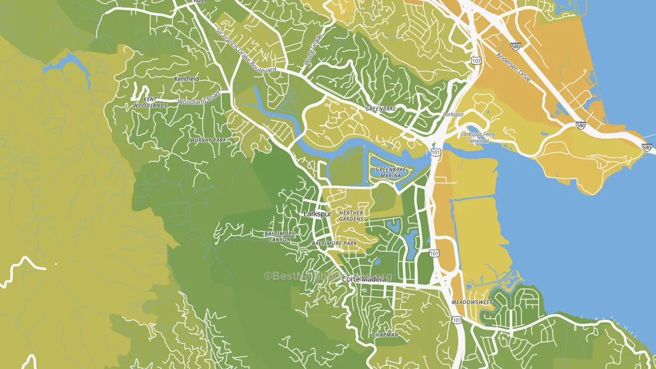 Map of the best neighborhoods in the 94939 area, with better matches in green and worse matches in red