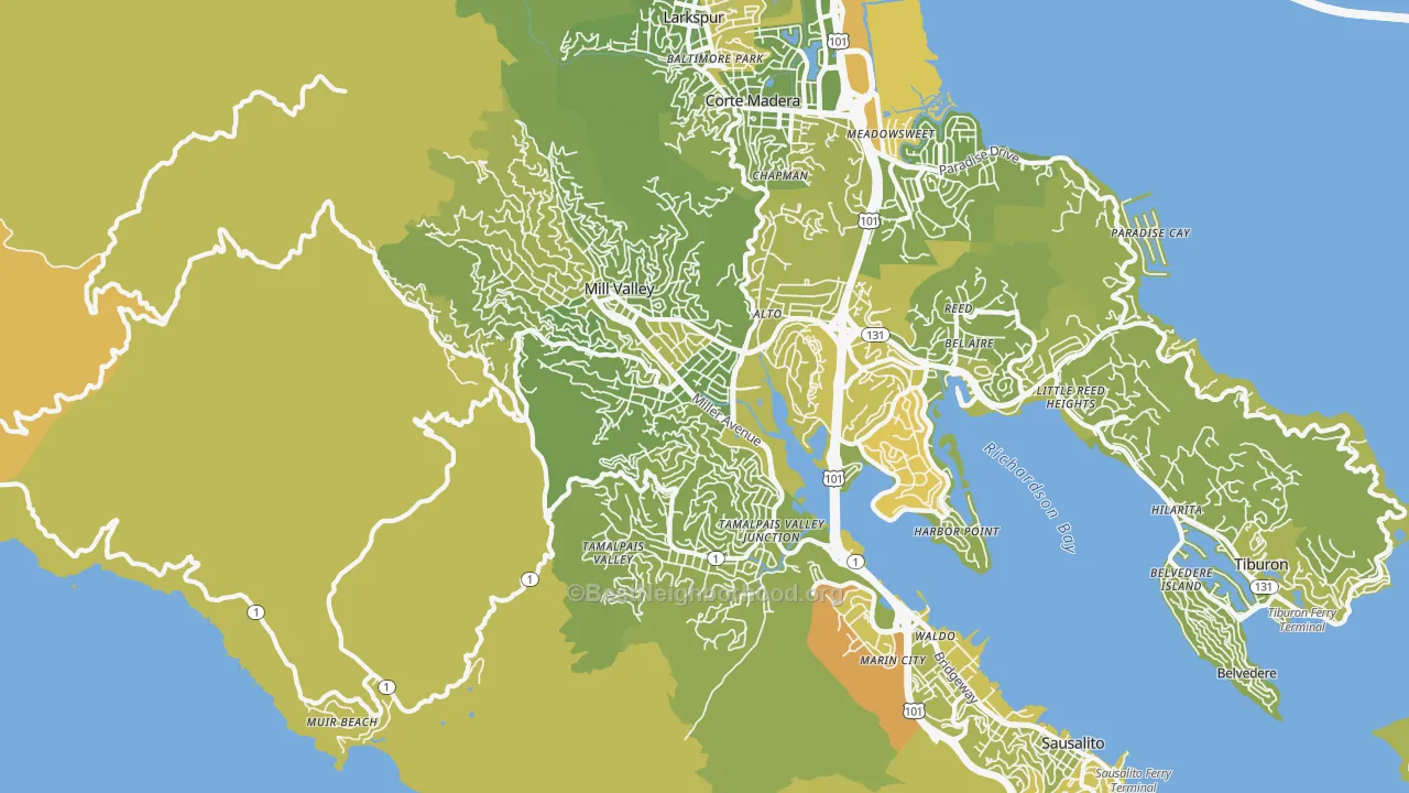 Map of the best neighborhoods in the 94941 area, with better matches in green and worse matches in red