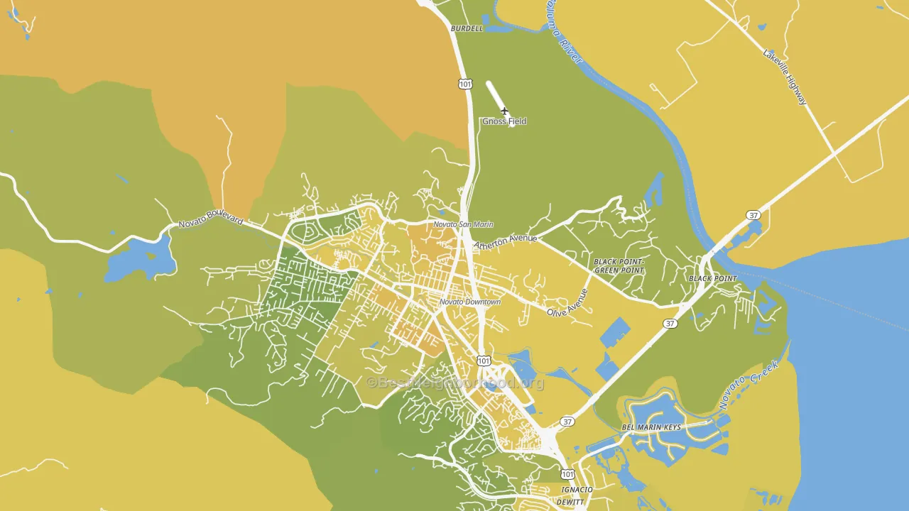 Map of the best neighborhoods in the 94945 area, with better matches in green and worse matches in red