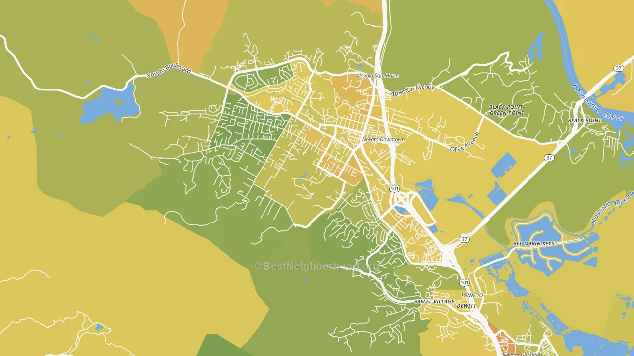 Map of the best neighborhoods in the 94947 area, with better matches in green and worse matches in red