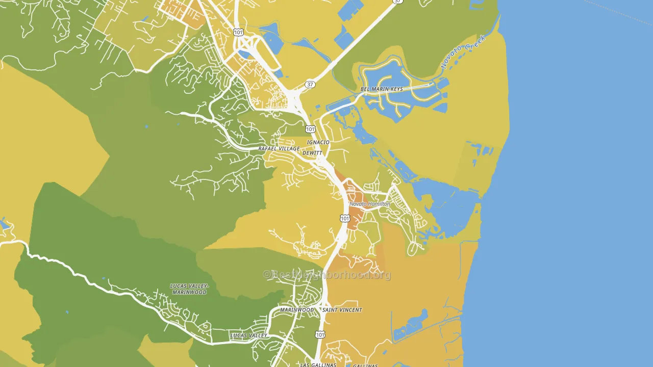 Map of the best neighborhoods in the 94949 area, with better matches in green and worse matches in red