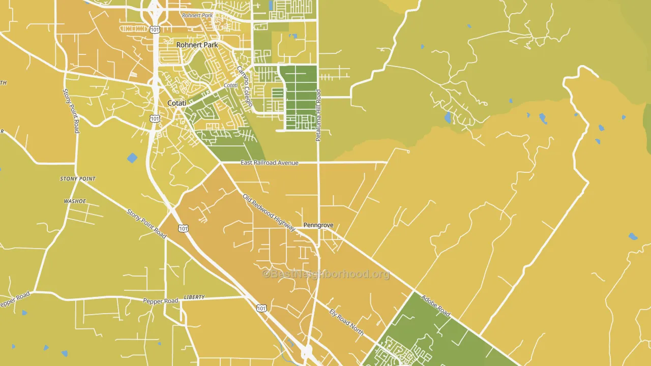 Map of the best neighborhoods in the 94951 area, with better matches in green and worse matches in red