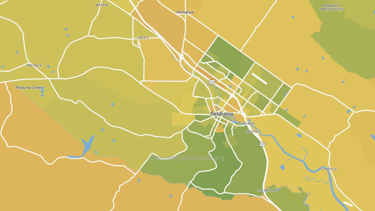 Map of the best neighborhoods in the 94952 area, with better matches in green and worse matches in red