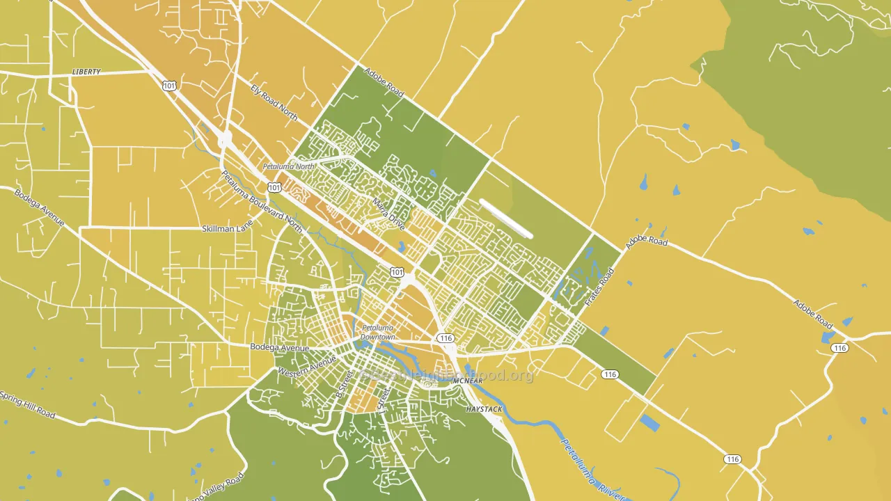 Map of the best neighborhoods in the 94954 area, with better matches in green and worse matches in red