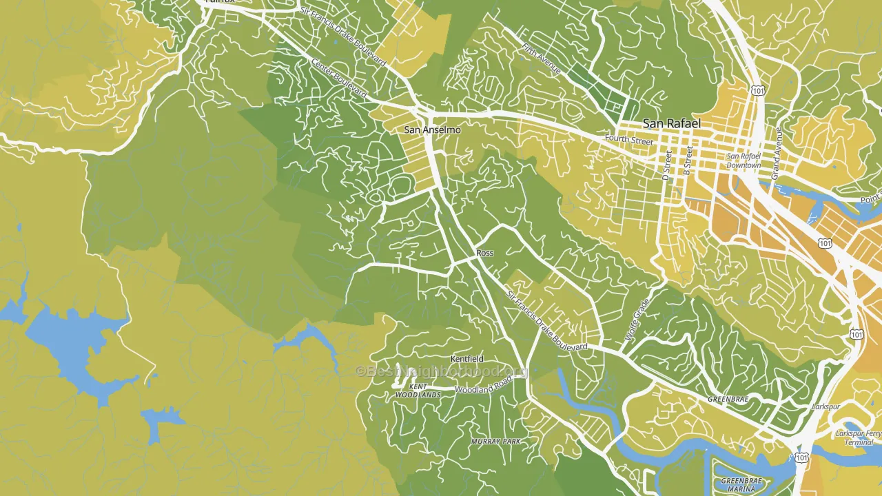 Map of the best neighborhoods in the 94957 area, with better matches in green and worse matches in red