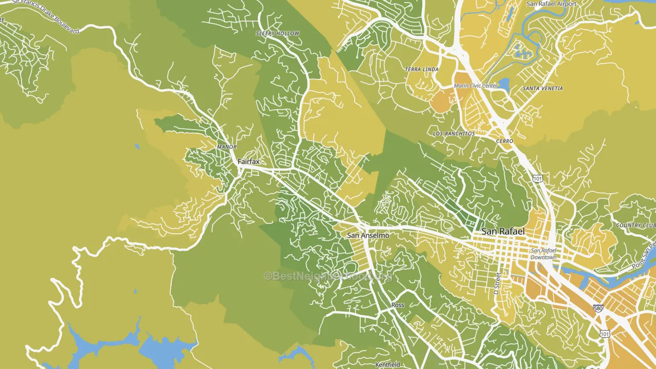 Map of the best neighborhoods in the 94960 area, with better matches in green and worse matches in red