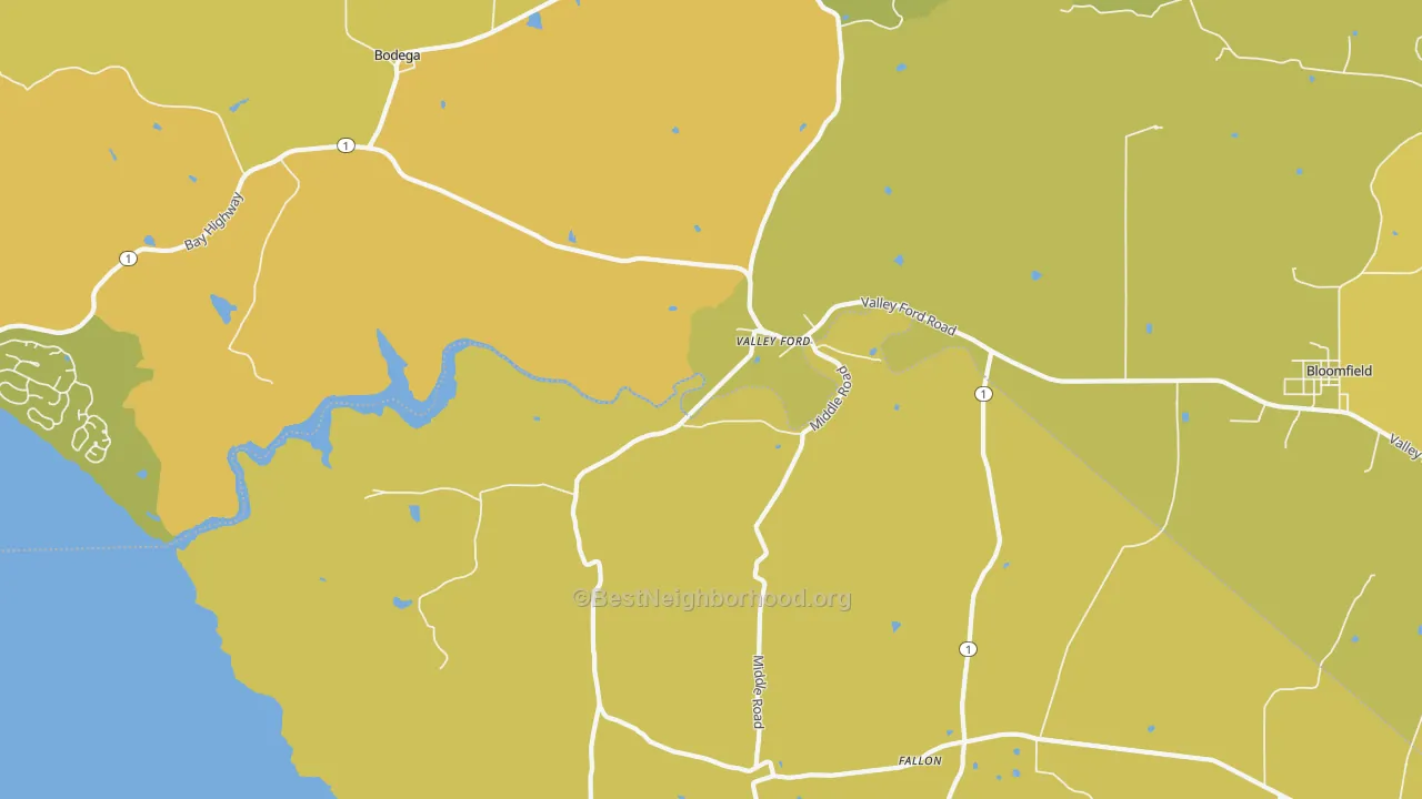 Map of the best neighborhoods in the 94972 area, with better matches in green and worse matches in red