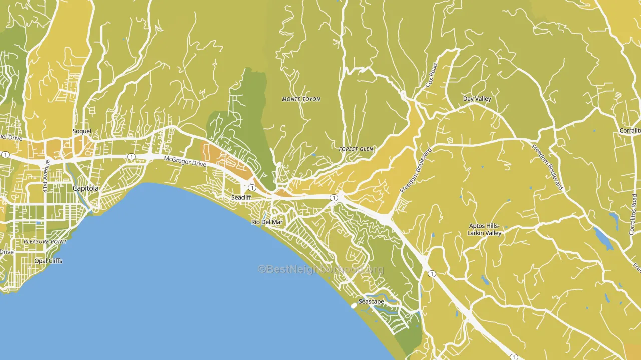 Map of the best neighborhoods in the 95003 area, with better matches in green and worse matches in red