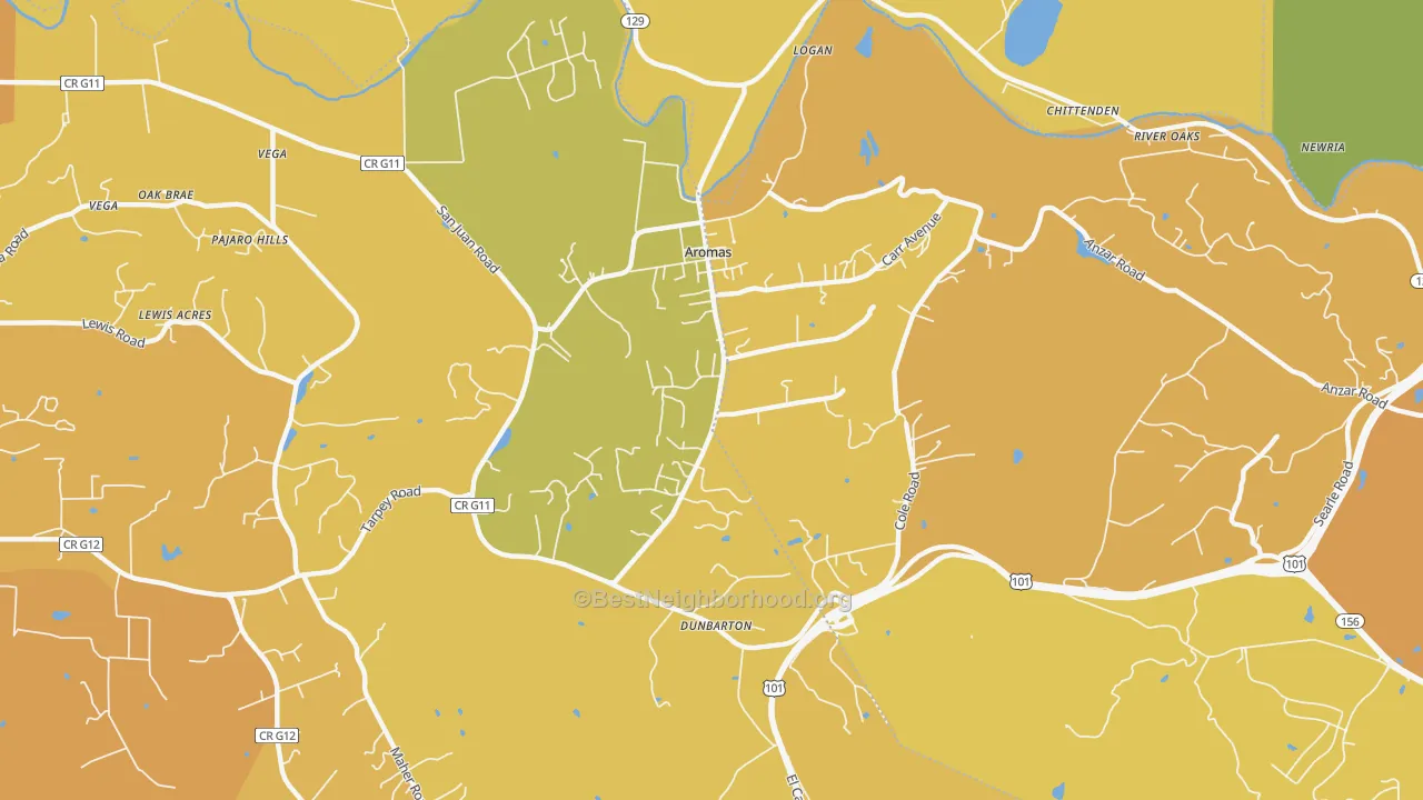 Map of the best neighborhoods in the 95004 area, with better matches in green and worse matches in red