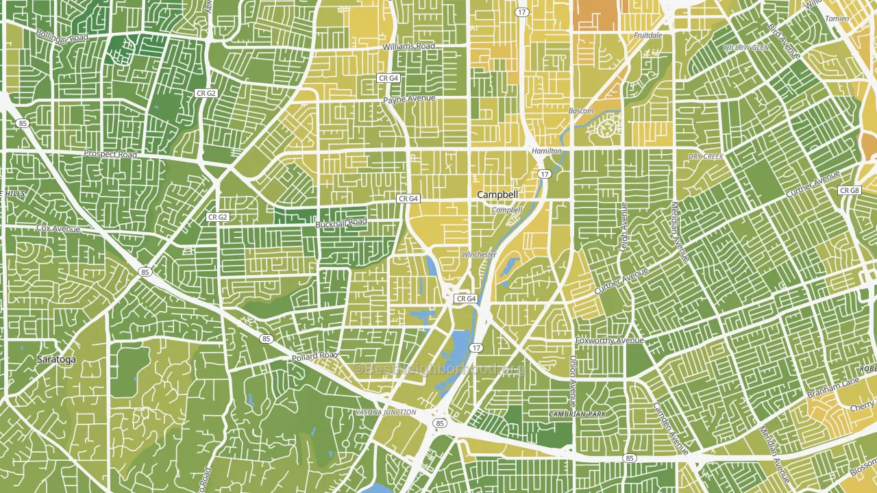 Map of the best neighborhoods in the 95008 area, with better matches in green and worse matches in red
