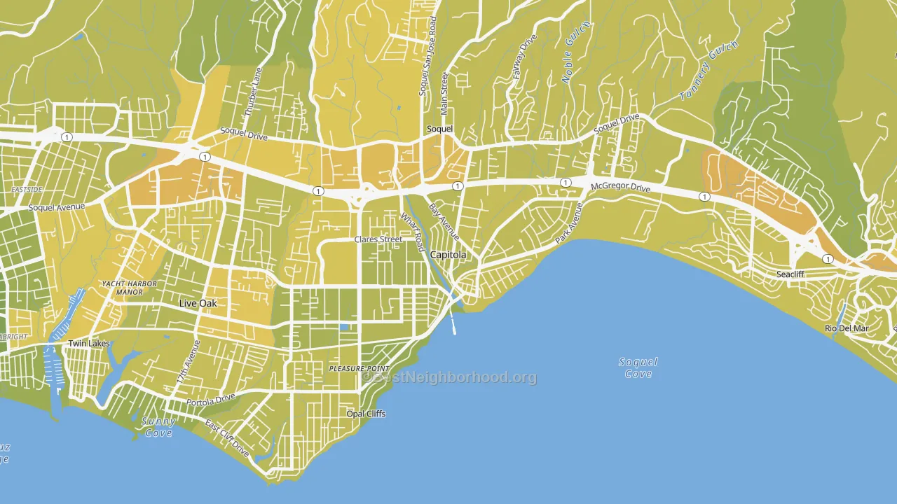 Map of the best neighborhoods in the 95010 area, with better matches in green and worse matches in red