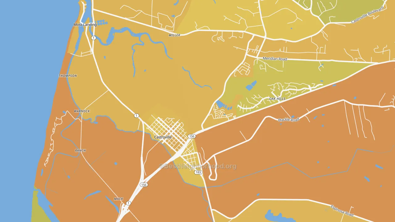 Map of the best neighborhoods in the 95012 area, with better matches in green and worse matches in red