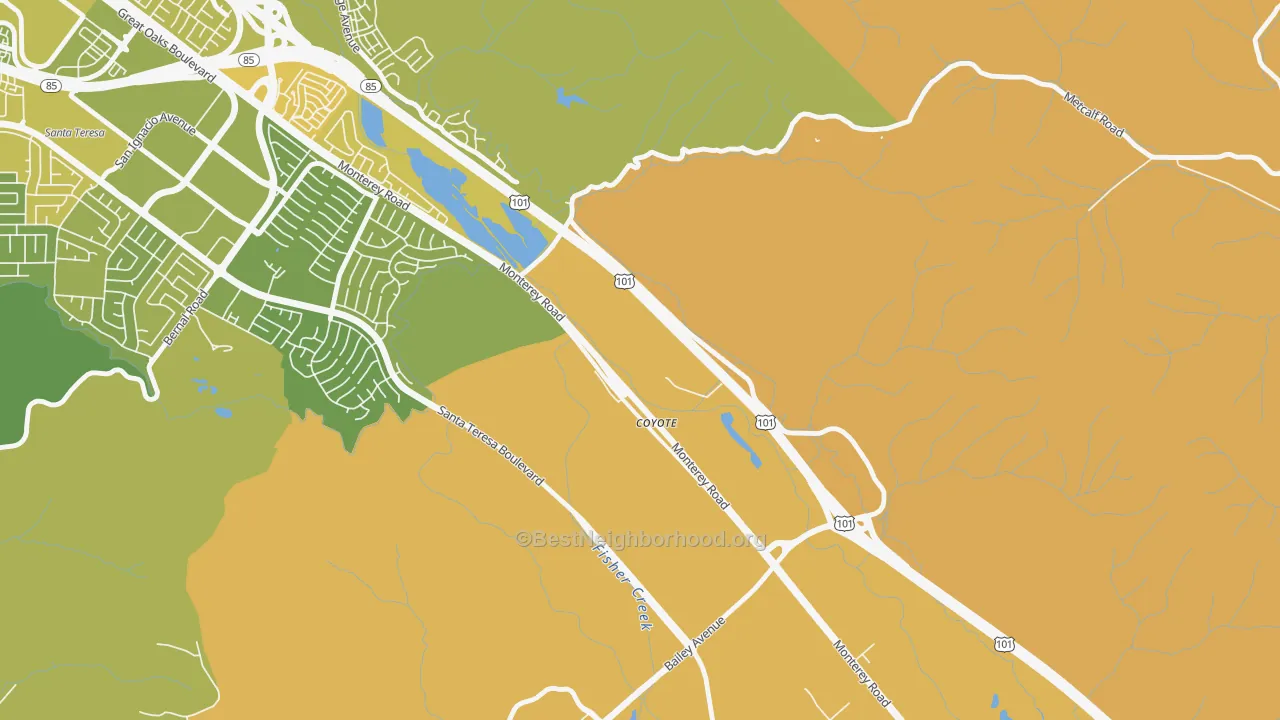 Map of the best neighborhoods in the 95013 area, with better matches in green and worse matches in red