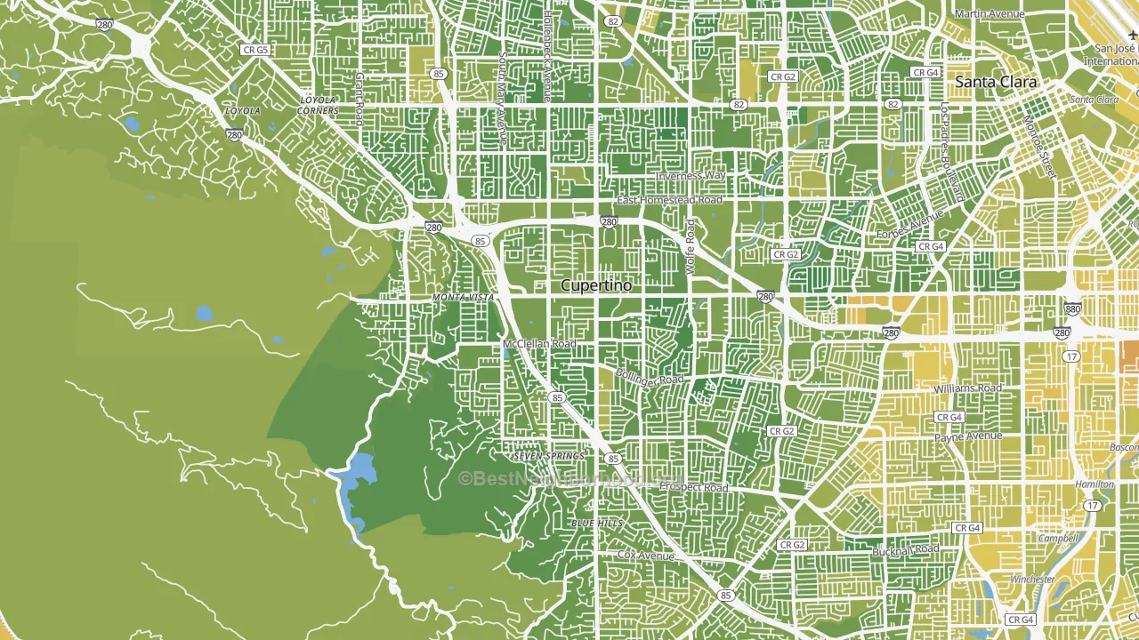 Map of the best neighborhoods in the 95014 area, with better matches in green and worse matches in red