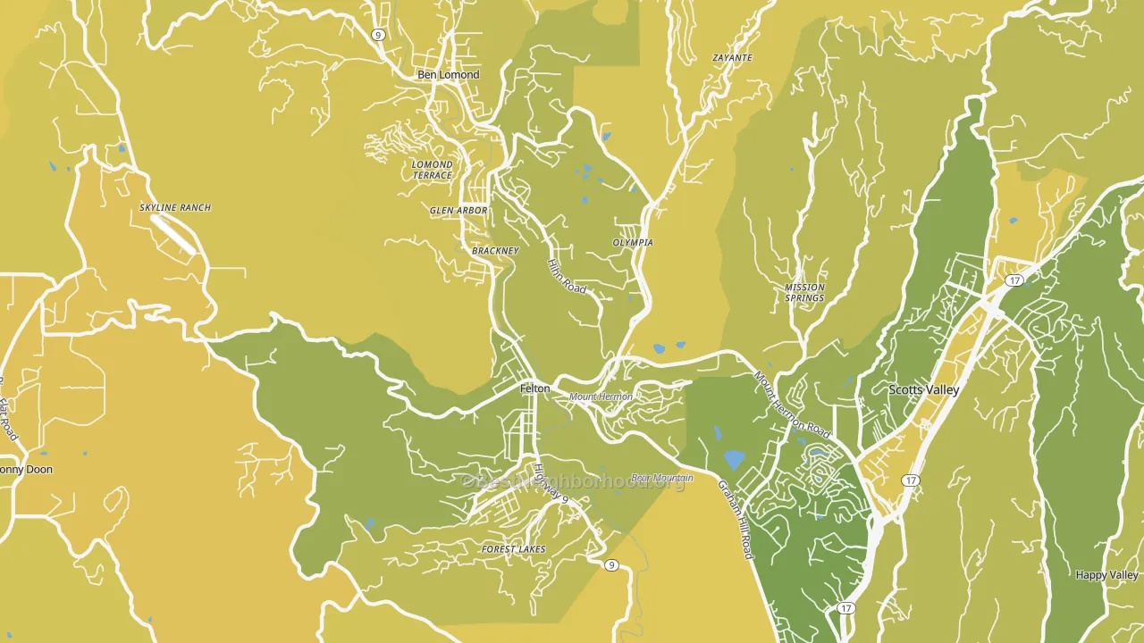 Map of the best neighborhoods in the 95018 area, with better matches in green and worse matches in red