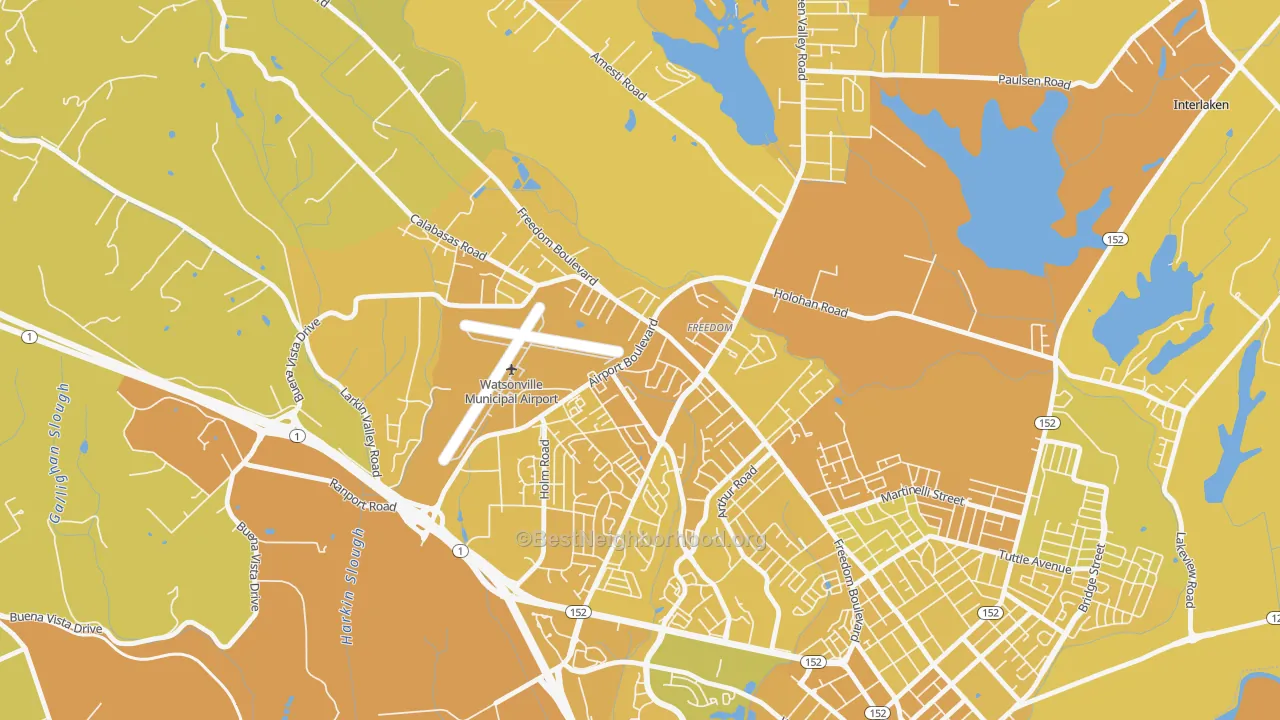 Map of the best neighborhoods in the 95019 area, with better matches in green and worse matches in red