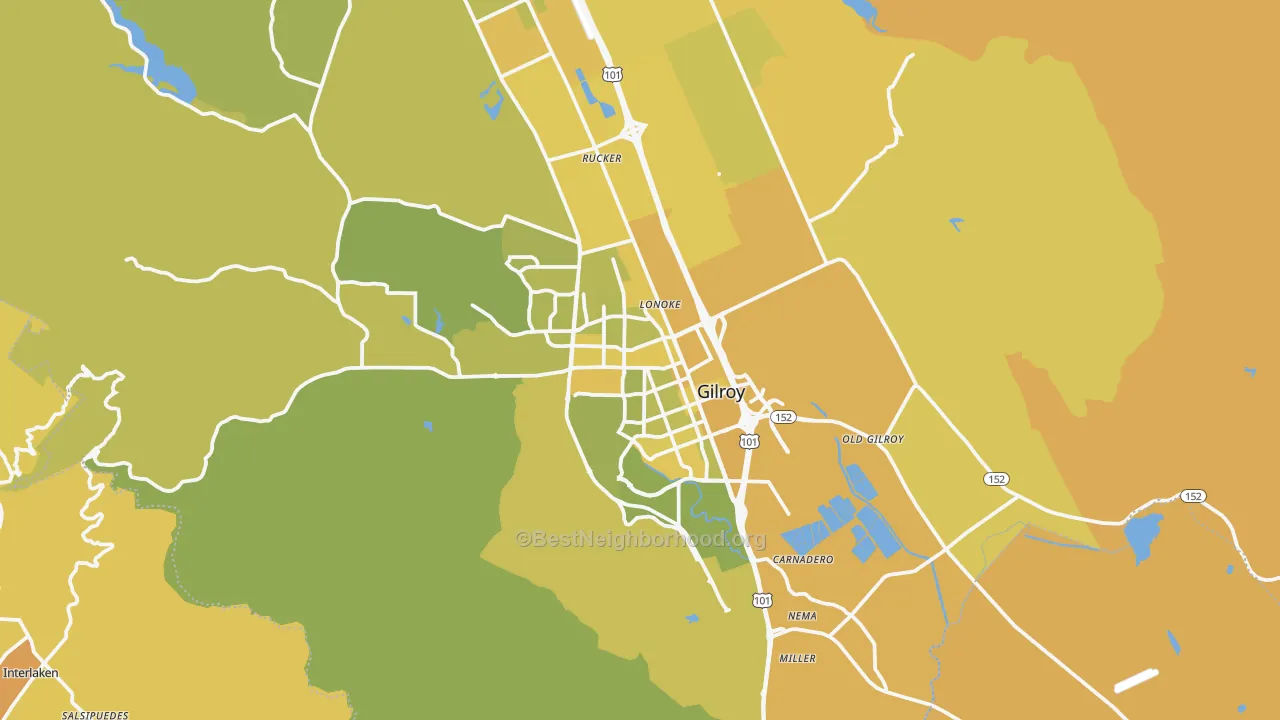Map of the best neighborhoods in the 95020 area, with better matches in green and worse matches in red