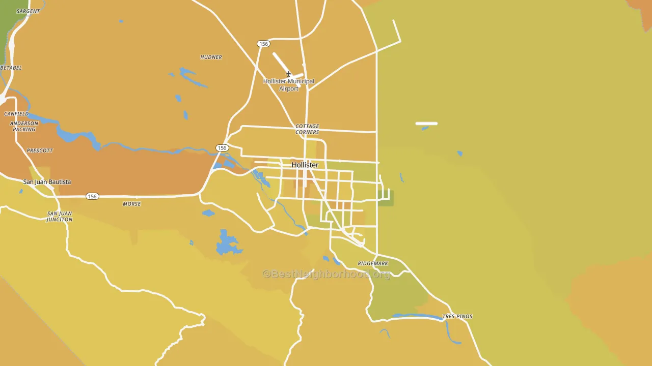 Map of the best neighborhoods in the 95023 area, with better matches in green and worse matches in red